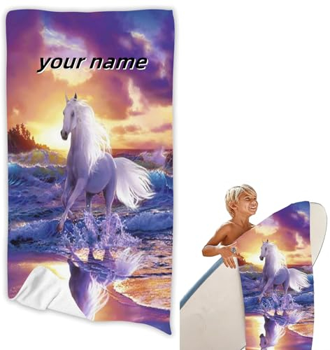FABTOP Handtuch Pferd Kinder Badetuch Mit Namen, Personalisiertes Handtuch Pferd Mit Namen & Eigenes Foto Pferd Motiv Handtuch Pferd Kinder Badetuch (1,40 x 80 cm)