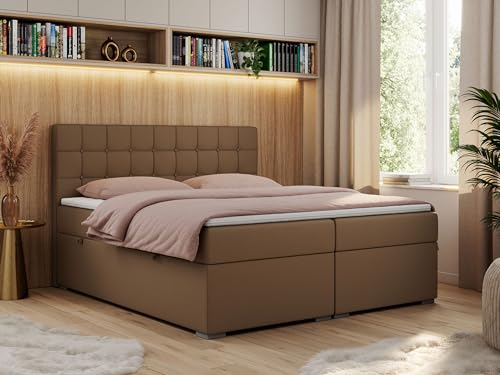 MKS MEBLE Boxspringbett 140x200 mit Bettkasten, Bett 140x200 mit Stauraum und Kopfteil, Polsterbett mit Multipocket - Matratze H4 und Topper - Carmen - Braun Kunstleder