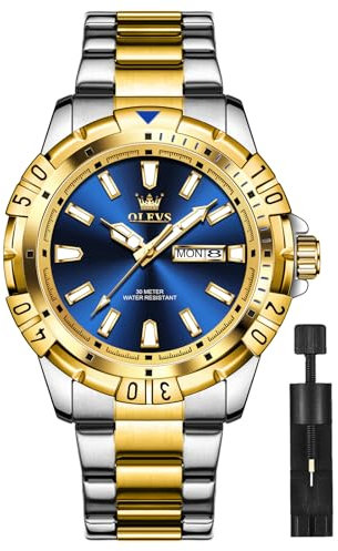 OLEVS Gold SilberHerren Uhren Edelstahl Analog Kleid Herrenuhr Großes Blau Zifferblatt Mode Leuchtend Armbanduhr Herren mit Datum Lässig Wasserdicht Uhren für Männer Klassische Geschenke