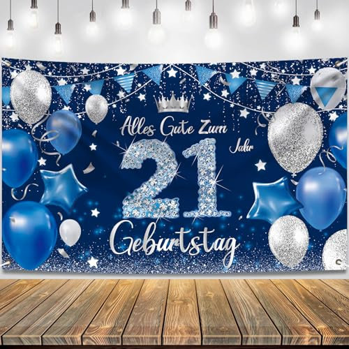 21 Geburtstag Deko Banner Männer Blaue Happy Birthday Banner Hintergrund, Deko 21. Geburtstagsbanner, Geburtstagsdeko 21 Mann 180 × 110 cm