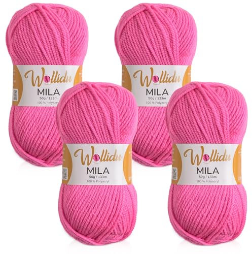Wollidu Mila Garn zum Häkeln und Stricken 4 x 50g/133m Strickgarn 100% Polyacryl Häkelgarn Candy Pink