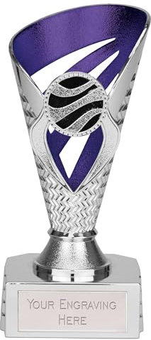 TROPHIESPLUSMEDALS Personalised Silver & Purple Trophy Cup - 15cm | Small 6 Award Winner Trophies for Kids School & Adult Sports Reward | Includes Free Metal Plate Engraving | Voyager Collection