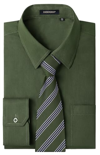 HISDERN Mens Olive Green Shirt and Tie Set Casual Dress Shirts for Men Long Sleeve Formal Business Solid Regular Fit 2XL