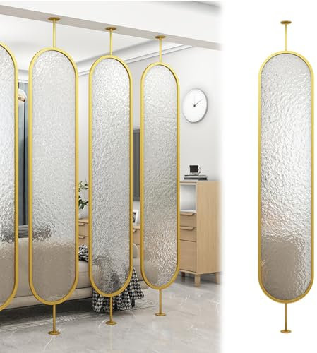 Room Divider/ Paravent Moderner Raumteilerpfosten mit gehärtetem Glas, 1 Panel dekorative Wandteiler aus geriffeltem Glas mit goldenem Eisenrahmen, freistehende Raumtrennwand für Schlafzimmer, Wohnzim