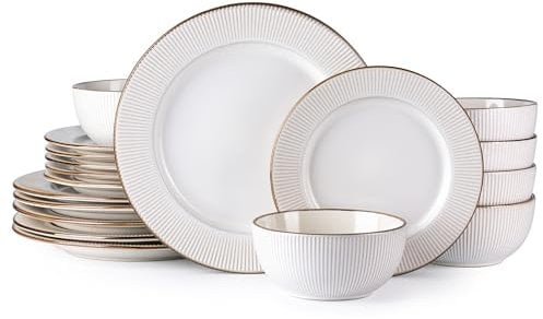 GBHOME Stoneware Dinner Sets for 6 People, 18 Pieces Handcrafted Embossed Plates and Bowls Set, Scratch Resistant Dinnerware Set, Dishwasher & Microwave Safe Crockery Set, Ribbed - Off White