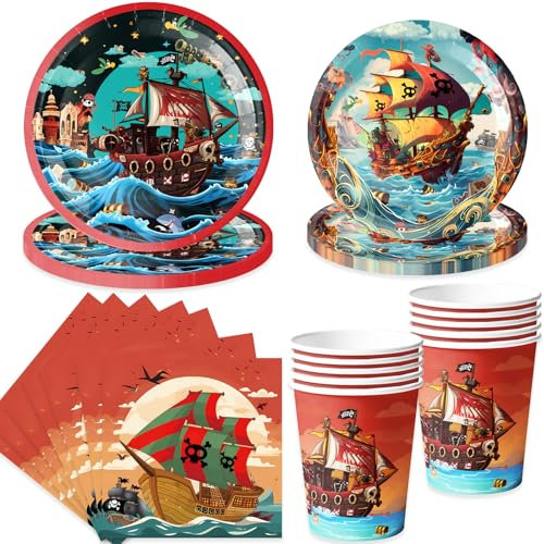 pekifaves Ensemble de vaisselle de fête pirate pour 10 invités, vaisselle d'anniversaire, assiettes jetables, gobelets en carton, serviettes, accessoires de fête d'anniversaire pour garçons et filles
