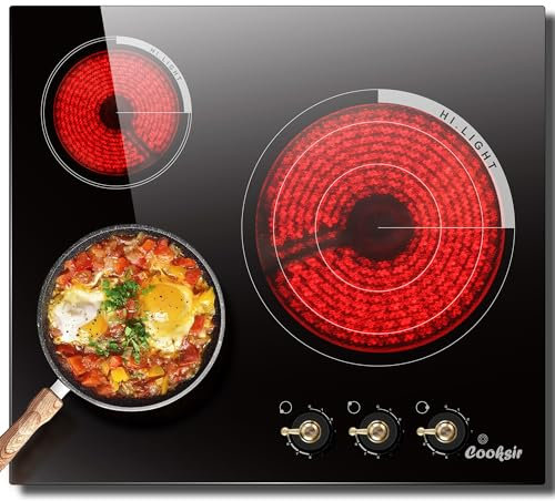 Cooksir Glaskeramikkochfeld Piano Cottura in Vetroceramica 3 Piastre con Manopole, Piano Cottura Elettrico da 60 CM da Incasso