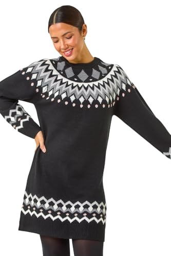 Roman Originals Geometric Print Knitted Shift Dress for Women UK - Ladies Everyday Autumn Winter Round Neckline Comfy Soft Evening Vacation Work Party Night Out - Geometric Noir - Size 10