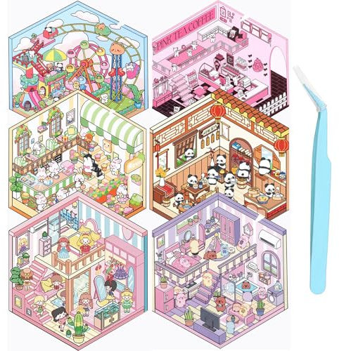 Qaestuan DIY Set 3D Sticker Mit 6 Verschiedenen Szenen, Miniatur Haus Sticker 3D, Kreative Szene Spaß Stacking, Stressabbau und Kreativitätsförderung für Erwachsene und Kinder