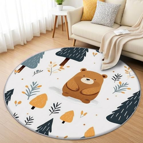 AevuCub Bär Teppich Rund 90 cm Kurzflor - Waschbare Teppiche Wohnzimmer Süße Waldtiere - Runder Teppich 90 Durchmesser Kinderzimmer - Bettvorleger Schlafzimmer rutschfest Weich