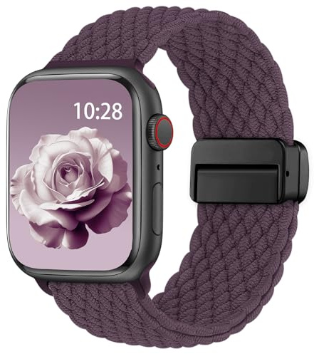 Braided Strap Compatible with Apple Watch Straps 40mm 41mm 38mm 42mm 44mm 45mm 46mm 49mm,Nylon Elastic Magnetic Snap Strap for iWatch Series 11 10 9 8 7 6 5 4 3 2 1 SE3 Ultra3,Women & Men,Dark Purple