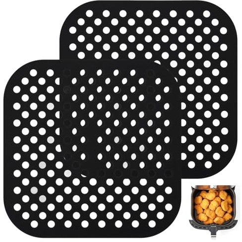 cobee 2 Stück Silikonmatte für Heißluftfritteuse, 21.5 cm Silikonmatte Airfryer Quadrat Wiederverwendbar Luftfritteuse Pad Luftfritteusen Silikon Matte mit Perforiertes Für Heißluftfritteusen(2)