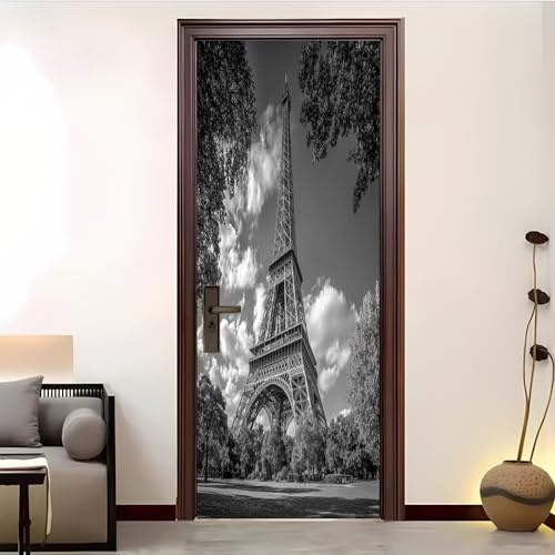Türaufkleber 3D Selbstklebend 85x205 cm Eiffelturm-Architektur Vinyl Türposter Wasserdicht Abnehmbare Schwarz Und Weiß Tür Tapeten bild Wohnzimmer Schlafzimmer Badezimmer
