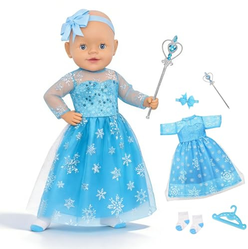 Atomvia Baby Doll Clothes 35–43 cm Princess Dress Set, Blue Snowflake Tulle Dress with Socks, Heart Magic Wand, Bow Headband & Hanger, Outfit for 14–18 Inch Dolls(Without Doll)