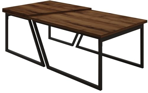 Rustic Walnut Coffee Table Set (2 Pieces), 100% Melamine Coated, 18mm Thick | Large: 60-80cm, Small: 40-60cm | Stylish Black Metal Legs, Modern Industrial Design