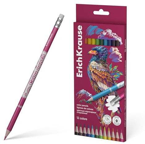 Erich Krause Buntstifte 12 Farben 3,3mm 12er Set - bruchfester zum Zeichnen Schreiben Malen - für Büro Schule und Hobby - Holzgefasste Bleistifte mit Radiergummi