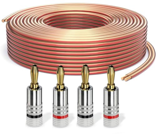 PureLink Cable para altavoces con conectores banana, cable audio OFC 2x2,50mm² (0,20mm), 10,0m, 4 conectores, cobre puro para altavoces HiFi y subwoofer, marcación de polaridad, transparente