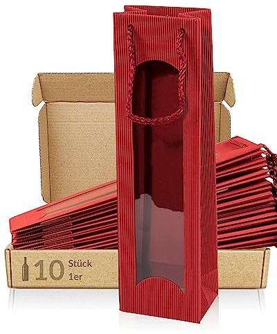 Henne 10x Wein Flaschen Geschenktüten - Rot mit Fenster, Stabiler Wellkarton, 360mm x 100mm x 80mm, Verschiedene Anlässe