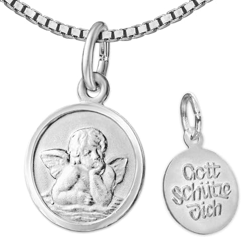 CLEVER SCHMUCK Kinder Halskette Anhänger kleiner Engel rund Ø 10 mm Rückseite Gott schütze Dich Kette Venezia 38 cm 925 Sterling Silber im Schmucketui