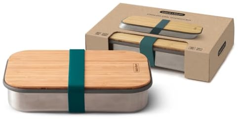 Black+Blum Sandwich Box |Stainless Steel and Natural Bamboo Lunch or Snack Box Container Set Ideal For Food on the Go, Ocean Small