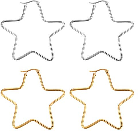 JewelryWe Schmuck 2 Paar Damen Ohrringe Set Edelstahl Poliert großen fünfzackigen Stern Creolen Ohrstecker Ohrhänger für Frau Mädchen Gold Silber