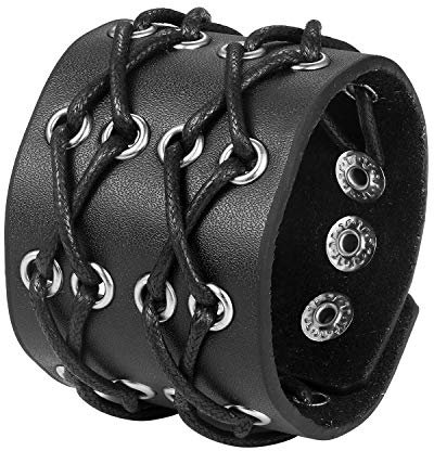 JewelryWe Schmuck Herren Breit Lederarmband Geflochten Leder Armband Armreif Manschette Armband Druckknopf Verstellbar Punk Biker Rock Schwarz