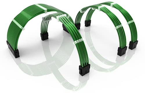 LINKUP - 30cm PSU PC Power Extension Cable Metallic Sleeved Silicone Coated Soft & Flexible to Route Custom Mod GPU & CPU w/Comb Kit | 1x 24P (20+4) | 1x 8P (4+4) CPU | 2x 8P (6+2) GPU | 300mm - Green