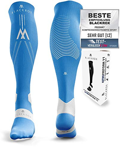 BLACKROX Kompressionsstrümpfe Sport Astropreform Kompressionssocken Vergleichssieger Sportkompressionsstrumpf Laufstrümpfe Fussball Damen Herren Lang Compressions Socks (Hellblau, S-M)