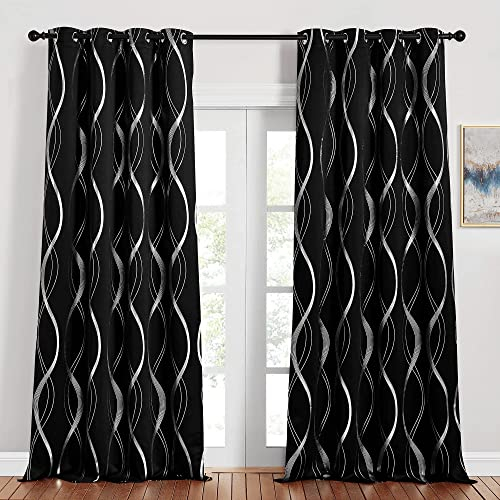 PONY DANCE Abdunkelnde Vorhänge Schlafzimmer Ösenvorhang 2er Set H 245 x B 140 cm Thermo Vorhänge gegen Kälte Blickdichte Gardinen mit Linien-Foliendruck, Schwarz