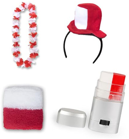 Sonia Originelli Fanset Fanartikel Zylinderhut als Haarreif, Blumenkette, Schminkstift, Schweißband EM WM Fussball Farbe: Polen