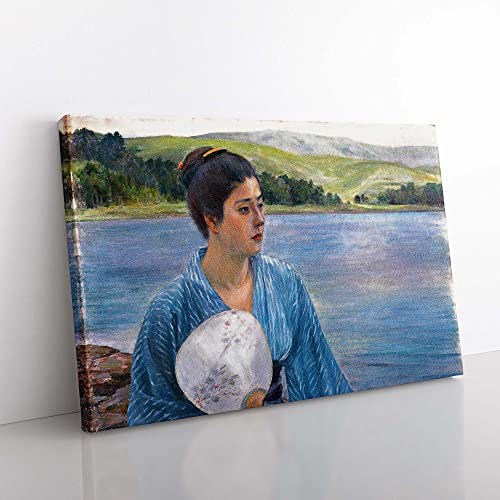 Big Box Art Lady with a Fan by Kuroda Seiki Painting Canvas Wall Art Print Ready to Hang Picture, 76 x 50 cm (30 x 20 Inch), Blue, Black, Green, White