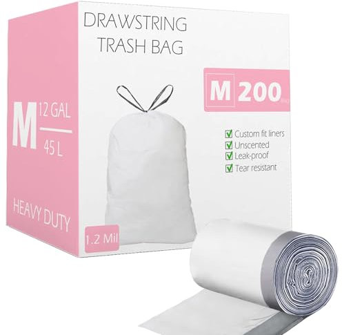 Repaironics Code M (200 Count) 12 Gallon Heavy Duty Drawstring Trash Bags Compatible with simplehuman Code M Garbage Can Liners 12 Gallon/45 Liter | 1.2 Mil | White