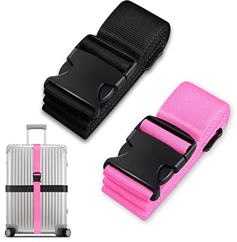 Lot de 2 sangles de valise, ruban de bagage, bracelet de valise, sangles de coffre, rose, noir, identification personnalisée, ajustable, antidérapant