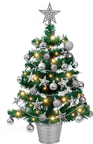 Tabletop Mini Christmas Tree Lighted,Small Artificial Christmas Tree Desktop Xmas Tree with Topper Stars and Balls Ornaments for Indoor DIY Office Decor(50cm)