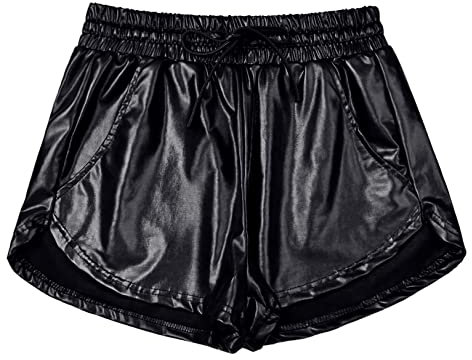 Damen Metallic Shorts Yoga Glänzend Glitzernd Hot Kordelzug Outfit Kurze Hose, Schwarz, Klein