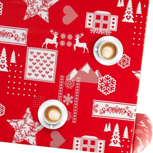 KP Home Wachstuchtischdecke Weihnachten PVC Tischdecke Rentiere und Sterne Abwischbare Wachstuch - Rechteck 300x140 Wachstischdecke Pflegeleicht Wasserdichtes Wachstuchtischdecke Rote Vinyl Tischdecke