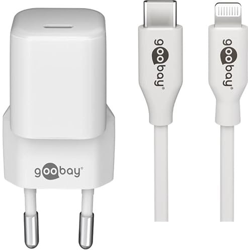 goobay 61084 - Caricatore USB-C con alimentatore, cavo di ricarica rapida per iPhone 14 Pro / 14 Pro Max / 13 Pro/Pro Max/e per altri dispositivi Apple, set di ricarica Nano / (20 W), colore: Bianco