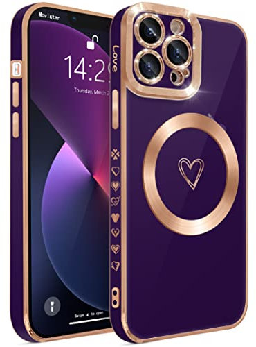 ECZOIL Compatible with iPhone 13 Pro Case MagSafe,Full Camera Lens Protection Luxury Electroplated Cute Heart Magnetic Case for iPhone 13 Pro for Women Girls-Deep Purple