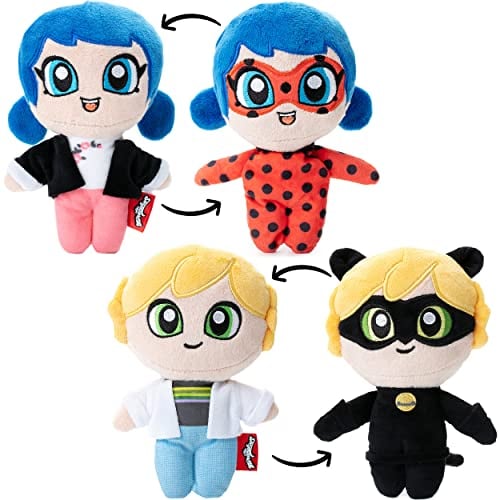 Miraculous Ladybug Plüsch Schlüssel-Anhänger 2er Set, Adrien - Cat Noir und Marinette Ladybug, 16cm, doppelseitig