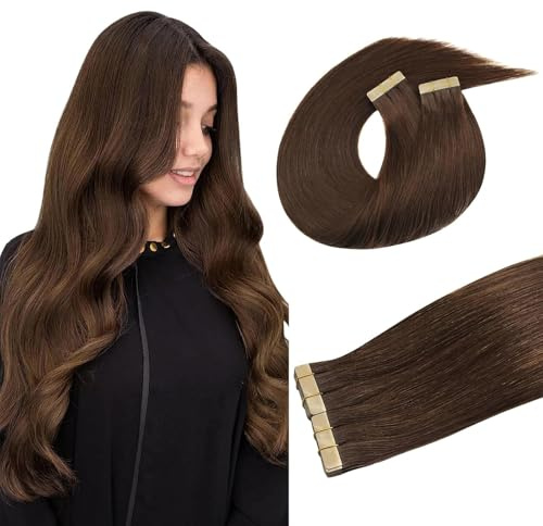 DOORES Tape in Hair Extensions Human Hair, Chocolate Brown 20 Inch 40pcs 100g, Human Hair Extensions Tape in Remy Straight Real Hair Extensions Skin Weft