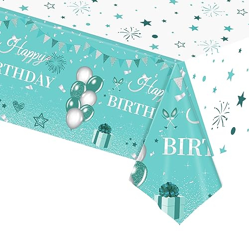 POPOYU Geburtstag Tischdecke Mintgrün,137 x 274 cm Tischdecken Geburtstag Mädchen,Tischdecke zum Kindergeburtstag,Große Kunststoff GeburtstagParty Tischdecke für Frauen Geburtstag Party Dekoration