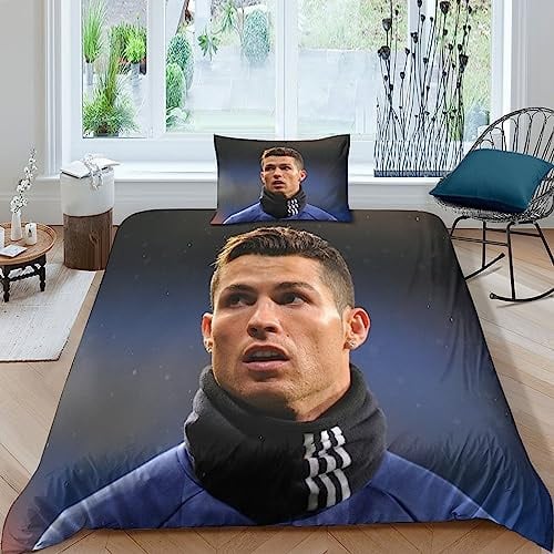 WADRI 3D-Cristiano-Ronaldo-Bettbezug-Set Weiches 2-Teiliges Bettwäsche-Set Fußballer-Druckmuster Bettdeckenbezug-Set Mit Kissenbezug Bettbezug Mit Reißverschluss 135X200CM