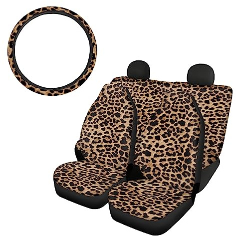 SEANATIVE Cheetah Leopard Print 5 Pcs Auto Sitzbezug Full Set Fashion Front & Rear Bucket Seat Protector with Anti slip Steering Wheel Cover Set for Women Men