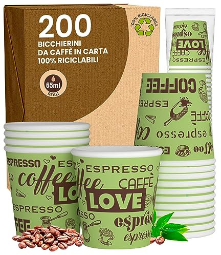 200 Bicchierini in Carta da caffè 65ml LoveGreenCUP Bicchieri Ecologici Biodegradabili Monouso Piccoli Asporto Bevande Calde