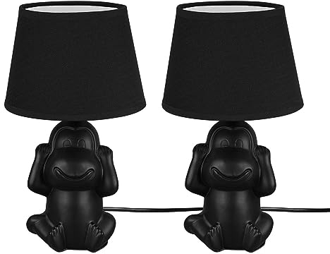 etc-shop Nachttischleuchte Affe Tischlampe Keramik schwarz Beistellleuchte Affe Stoffschirm, Schnurschalter, 1x E14 Fassung, DxH 17x27 cm, 2er Set