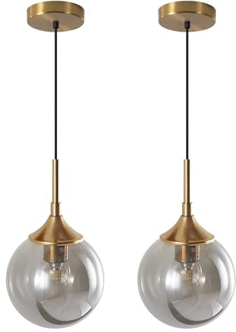 KCO Lighting - Lámpara colgante moderna dorada con 1 luz, juego de dos luces colgantes de globo grande gris ahumado, lámpara colgante de bola de cristal para comedor, lámparas colgantes de techo