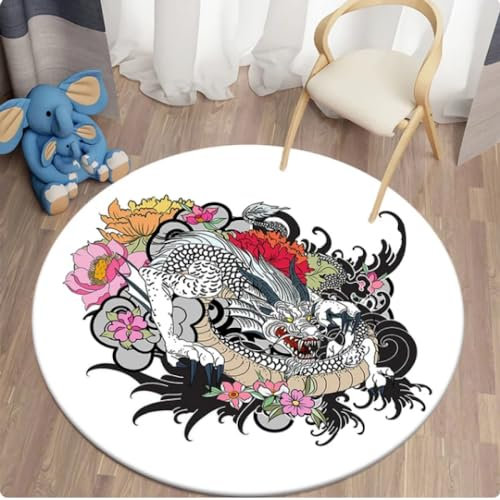 REIWAN Tapis Rond Imprimé d'un Dragon Chinois, Tapis Rond pour Le Salon Et La Chambre À Coucher, Tapis Antidérapant pour Les Enfants, Tapis De Sol pour La Cuisine Tapis De Chaise