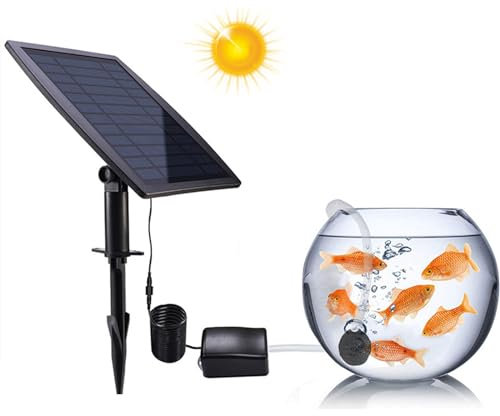 Yuehuamech Pompe à air solaire oxygénateur hydroponique pour aquarium avec pierres à bulles, tuyau de 2,5 m, débit d'air 1 l/min, autonomie de la batterie 22 heures, 3 modes, noir, énergie solaire