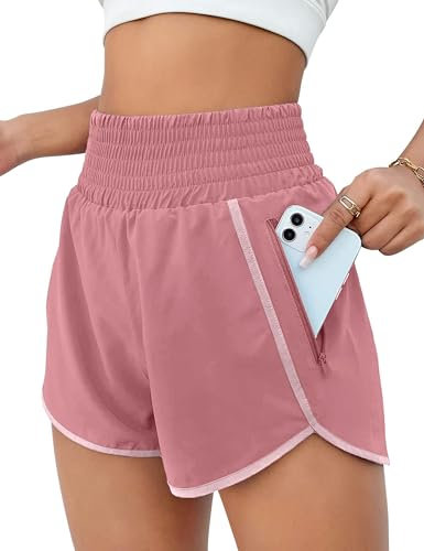 EUHOM Shorts Damen Sommer Sport Shorts 2 in 1 Laufshorts High Waist Kurze Hosen Schnelltrocknende Fitness Sporthose Running Yoga Jogging Trainingshose (Rosa, M)
