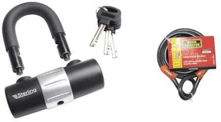 Burg Wachter 100D 14mm Heavy Duty Sold Secure Diamond & Gold Padlock U Lock - Black & 122C Double Loop Vinyl Coated Multi-Stranded Braided Steel Cable, Black, 12mm x 2.1m